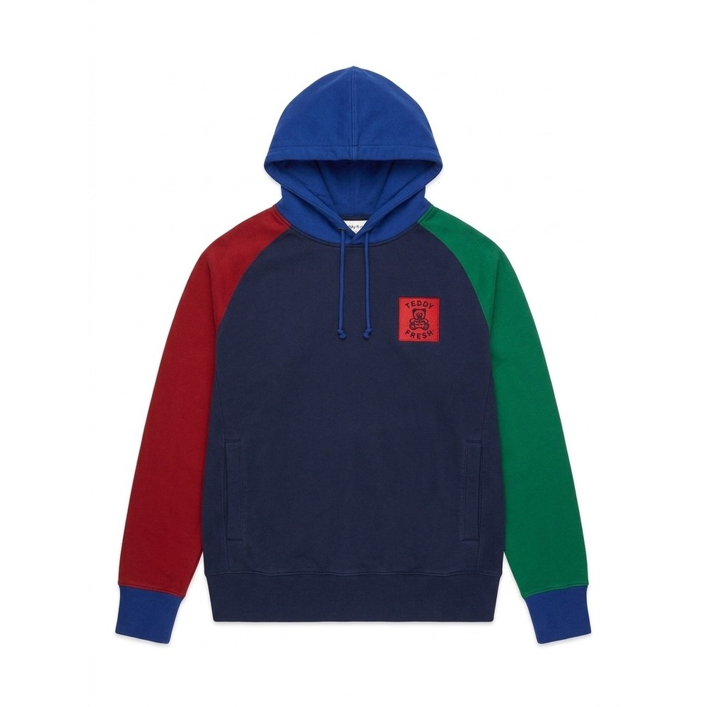 Teddy Fresh Hoodie Mens Large Multi Colorblock Cotton Good Raglan Pullover Patch